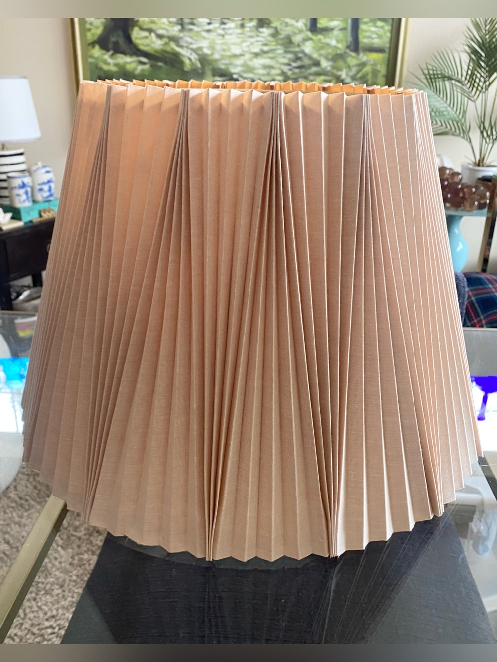 VTG MCM Alternating Inverted Knife Pleated Empire Tan Beige Linen Lamp Shade 12”